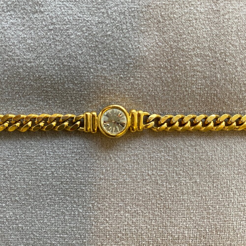 Vintage Bezel Set Crystal 14K Gold Plated Bracelet 7"